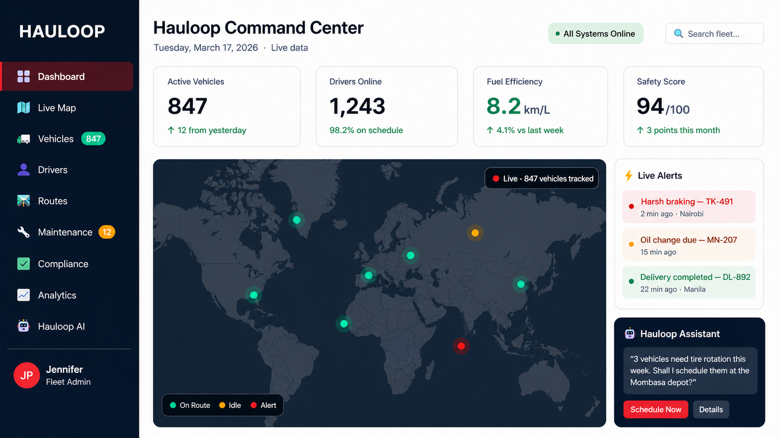 Hauloop ETA management dashboard showing real-time arrival time updates, trip progress, and delay alerts